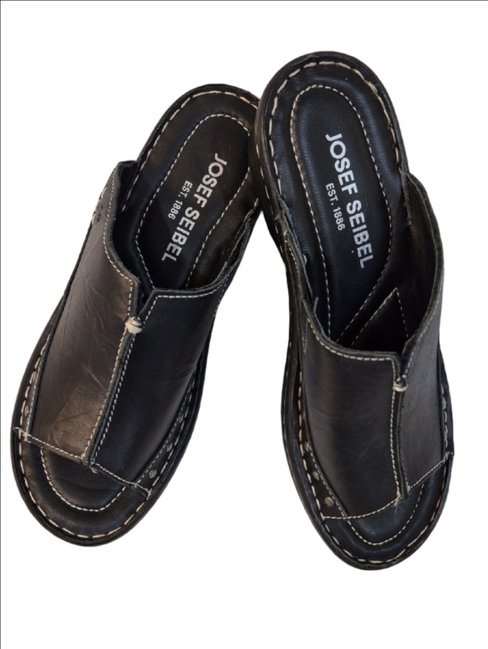 Josef Seibel Black Leather Open-Toe Slip-On Slipper with White Stitching
